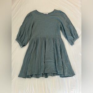 3/4 puff sleeve dusty green/blue dress